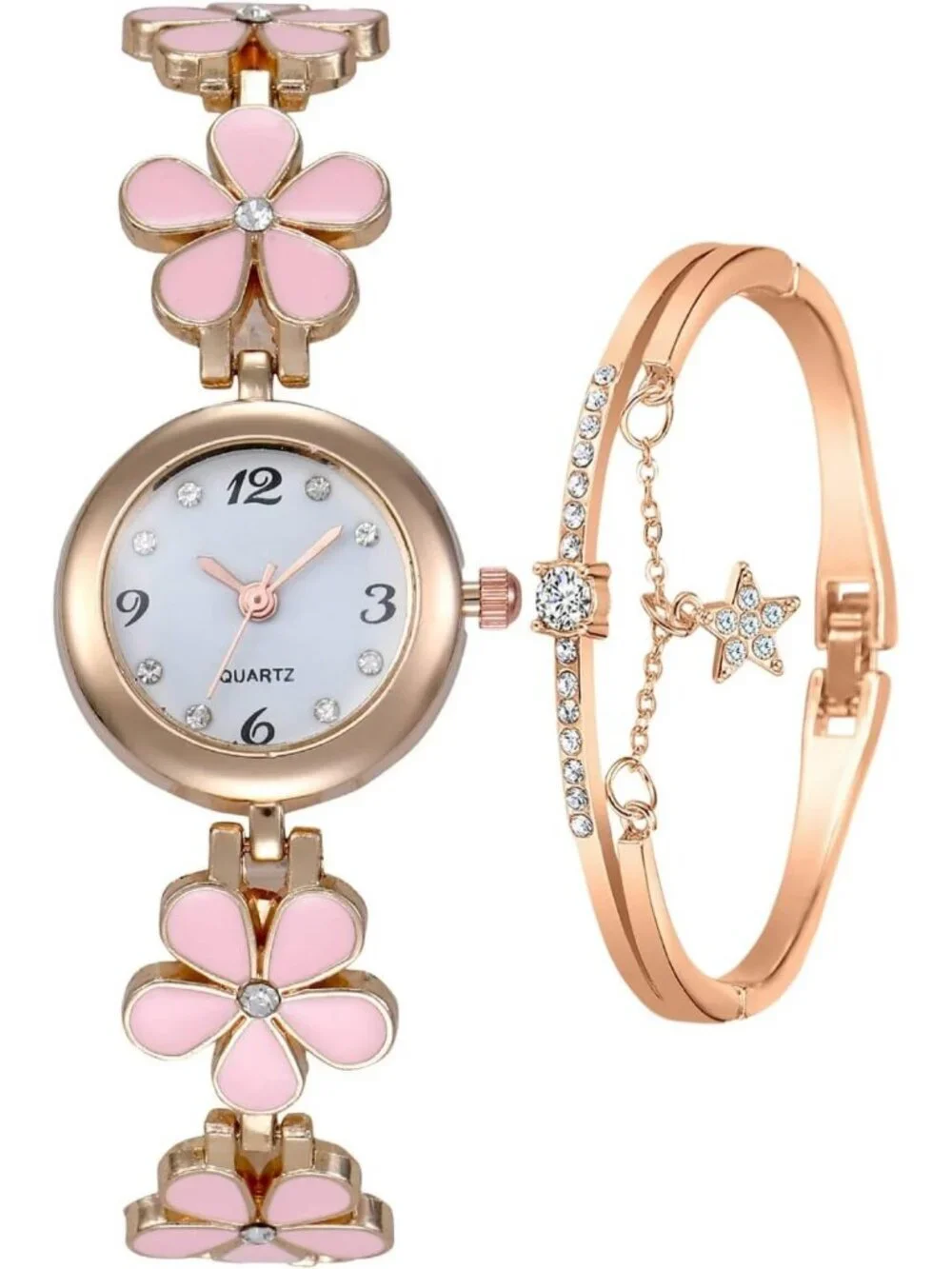 Women's Pink Analog Quartz Bracelet Set Fashion Waterproof Flower Shaped Watch